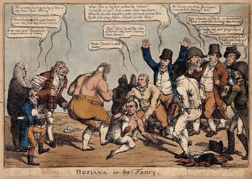 A bare-knuckled boxing match between the Prince of Wales and Napoleon, with their supporters including a black man. Coloured etching by Charles Williams, 1815.